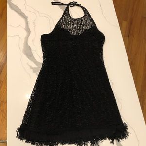 Donna Canada Black Halter Dress Lace Lined Fringe Bottom Mini Dress PS